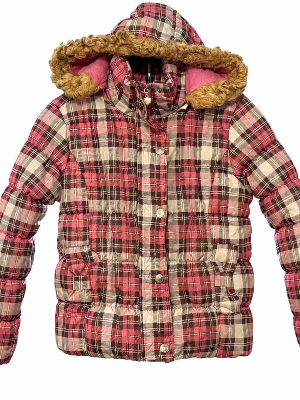 Dollhouse Y2K Pink Plaid Puffer Jacket Faux Fur Hood Girls M 10/12